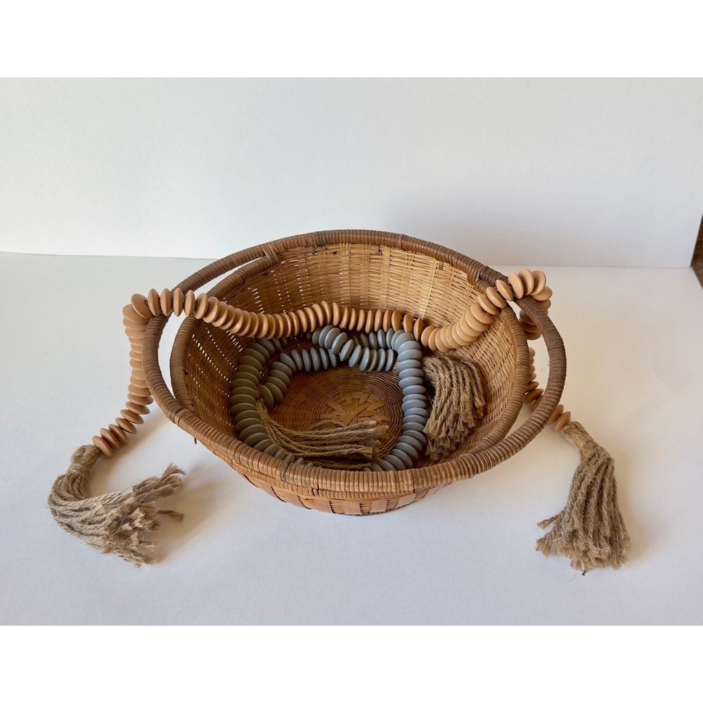 Vintage Round Woven Bamboo Basket with Handles Coastal Bohemian Boho Rustic